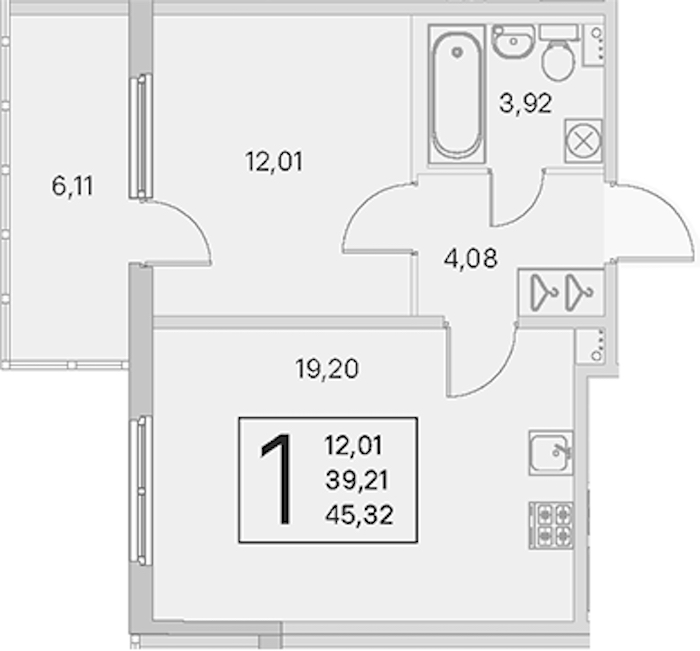 1-комнатная квартира 39.21 м², 1/4 эт., ЖК «Любоград в Стрельне»
